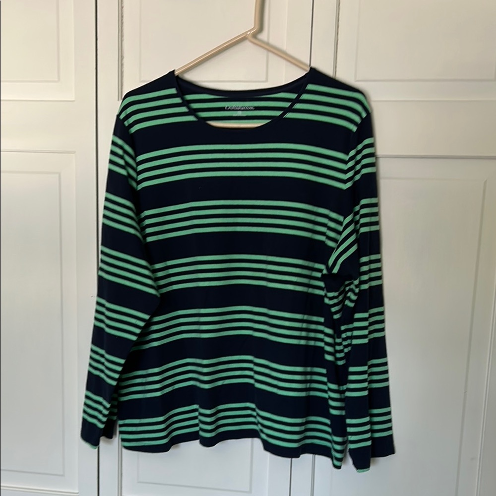 Croft & Barrow 2X Green and Navy Striped Long Sleeve Top